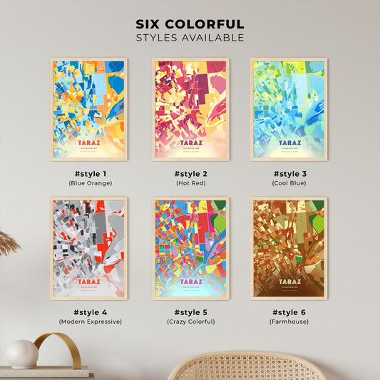 Colorful TARAZ KAZAKHSTAN Fine Art Map Blue Orange