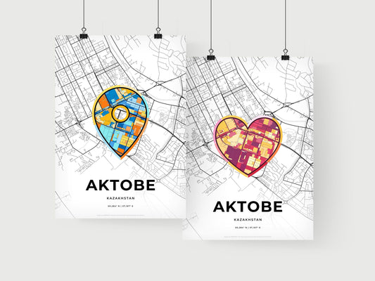 AKTOBE KAZAKHSTAN minimal art map with a colorful icon. Where it all began, Couple map gift.