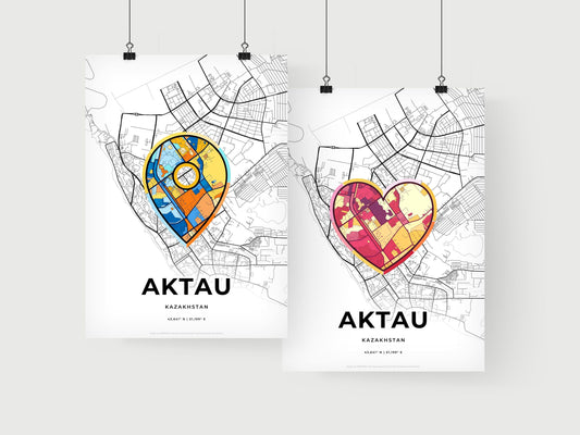 AKTAU KAZAKHSTAN minimal art map with a colorful icon. Where it all began, Couple map gift.