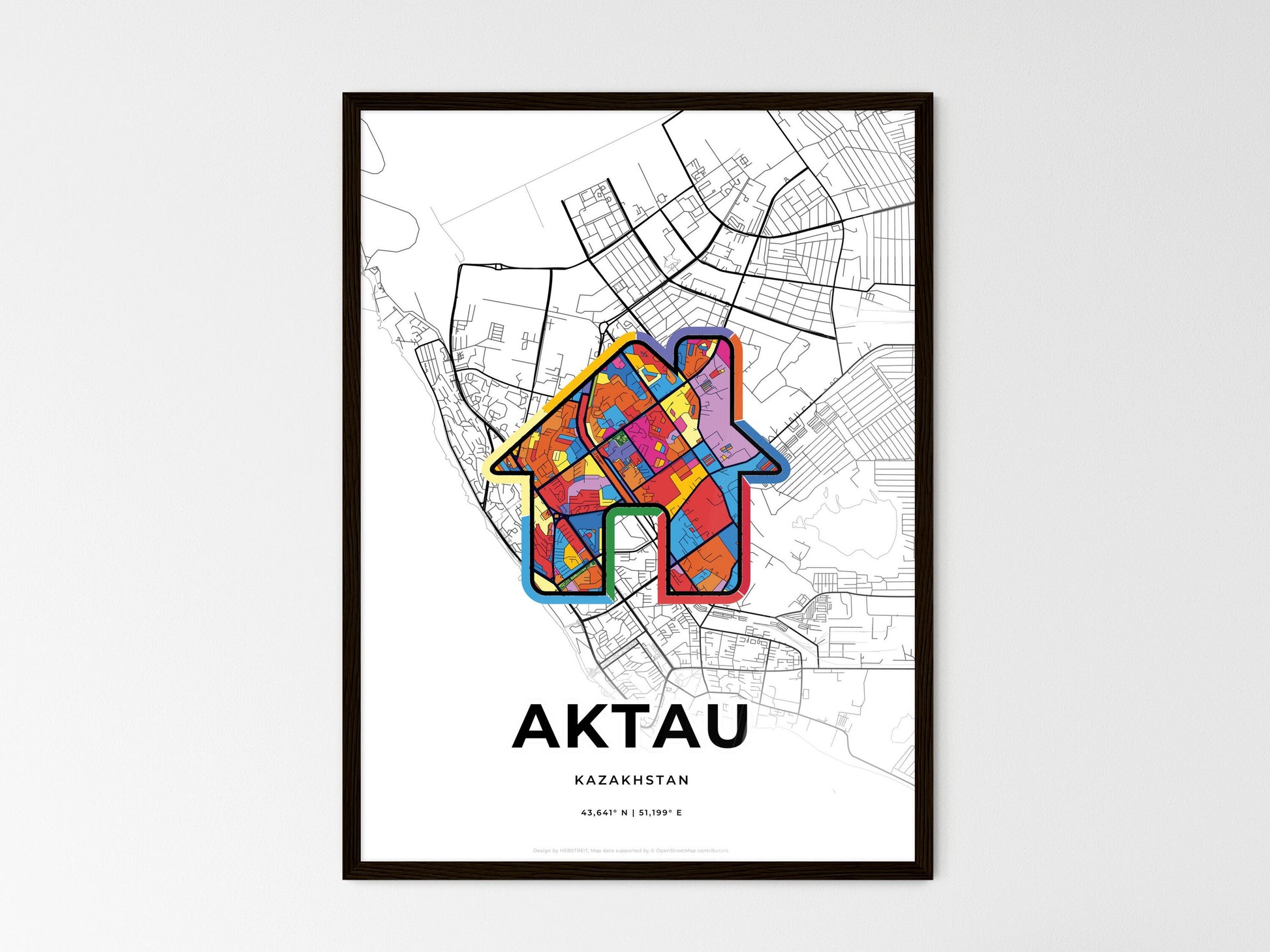 AKTAU KAZAKHSTAN minimal art map with a colorful icon. Where it all began, Couple map gift. Style 3