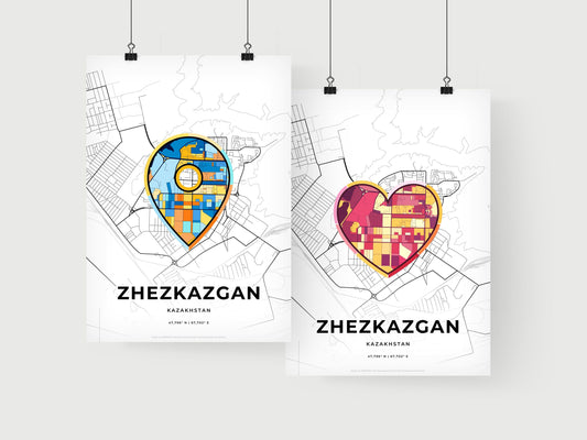 ZHEZKAZGAN KAZAKHSTAN minimal art map with a colorful icon. Where it all began, Couple map gift.