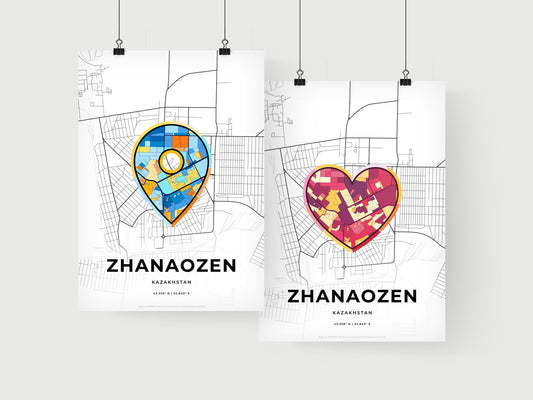 ZHANAOZEN KAZAKHSTAN minimal art map with a colorful icon. Where it all began, Couple map gift.