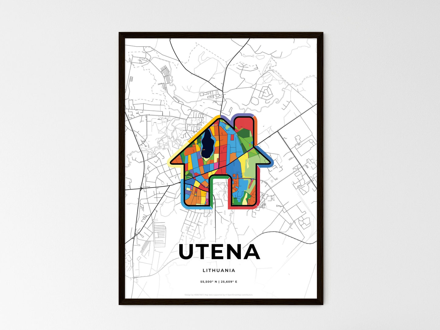 Utena Lithuania wedding art map with home icon