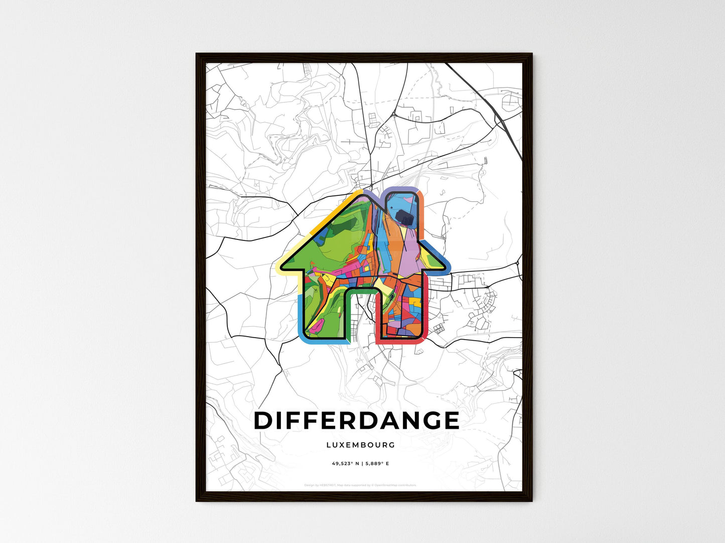 Differdange Luxembourg wedding art map with home icon