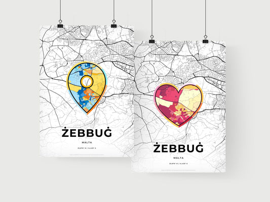 ŻEBBUĠ MALTA minimal art map with a colorful icon. Where it all began, Couple map gift.