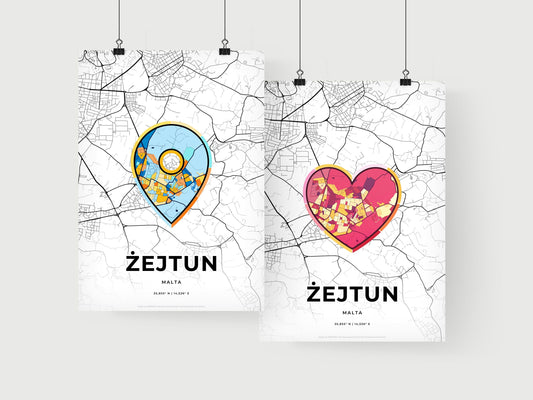 ŻEJTUN MALTA minimal art map with a colorful icon. Where it all began, Couple map gift.