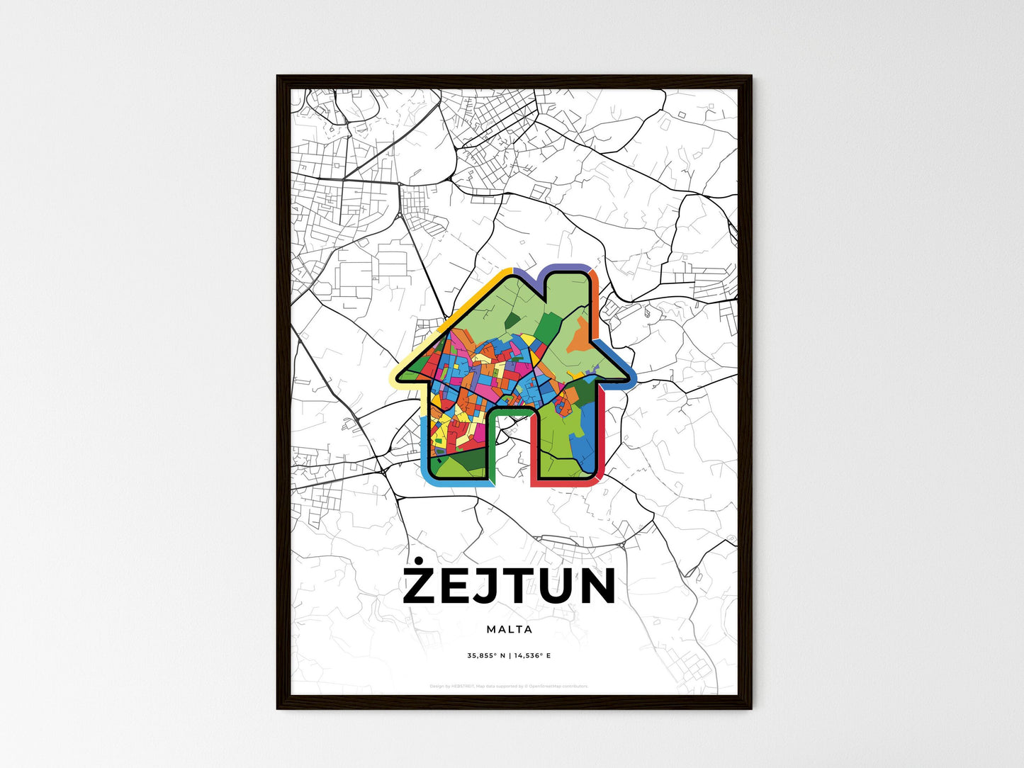 ŻEJTUN MALTA minimal art map with a colorful icon. Where it all began, Couple map gift. Style 3