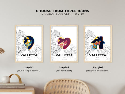 Valletta Malta maps with colorful icons