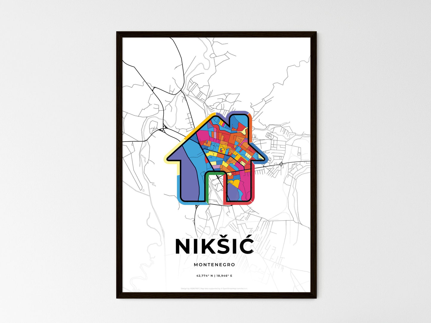 Nikšić Montenegro wedding art map with home icon