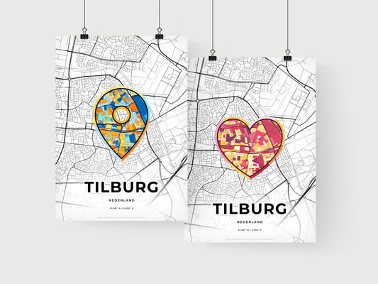 TILBURG NETHERLANDS minimal art map with a colorful icon. Where it all began, Couple map gift.