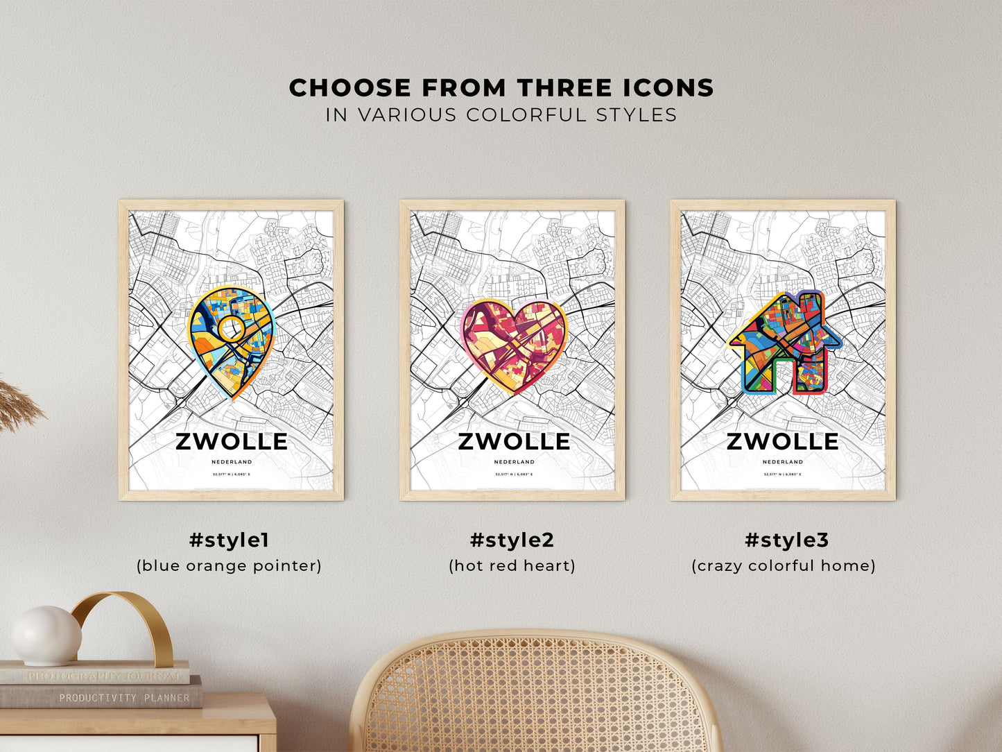 ZWOLLE NETHERLANDS minimal art map with a colorful icon. Where it all began, Couple map gift.