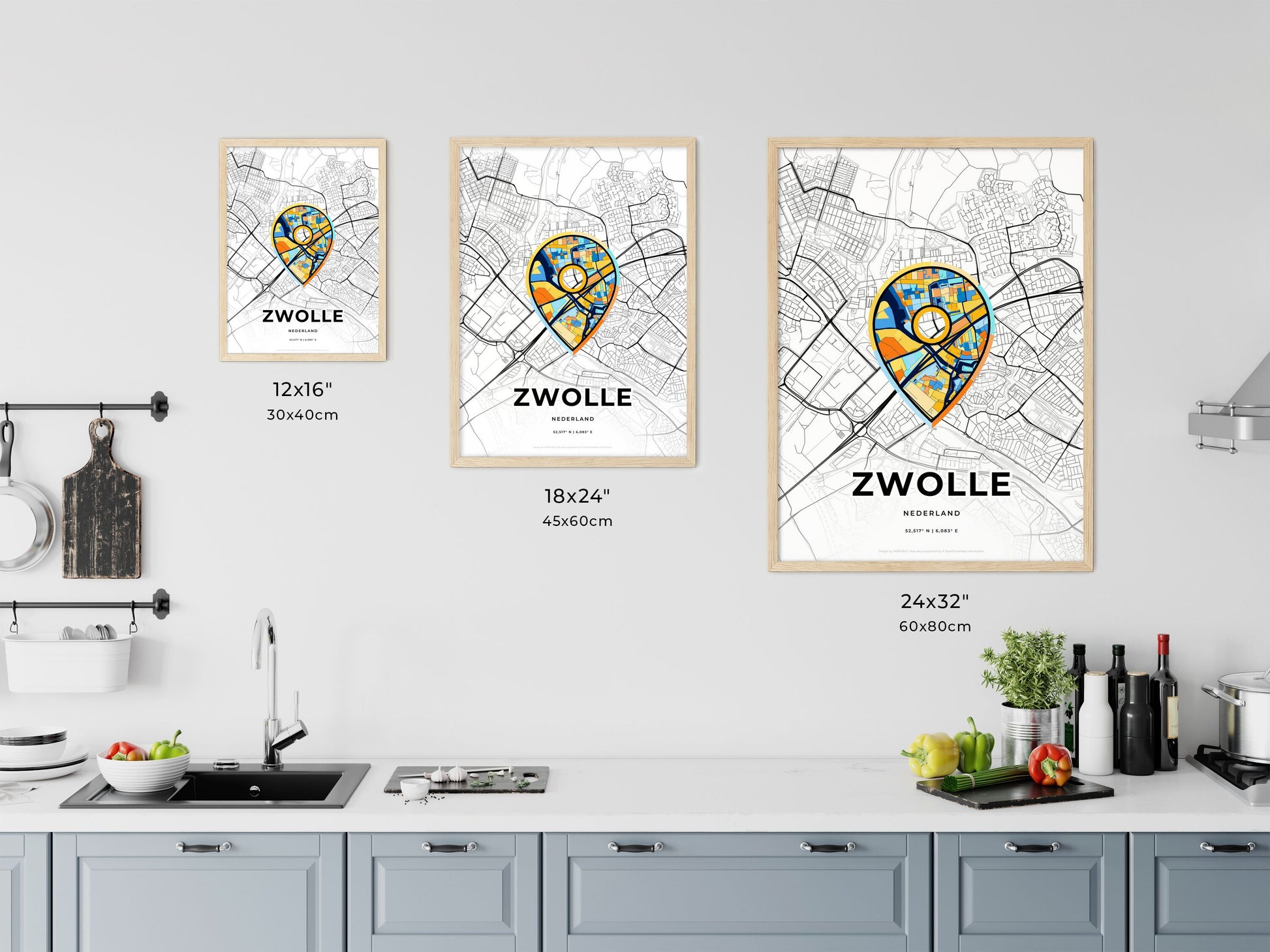 ZWOLLE NETHERLANDS minimal art map with a colorful icon. Where it all began, Couple map gift.