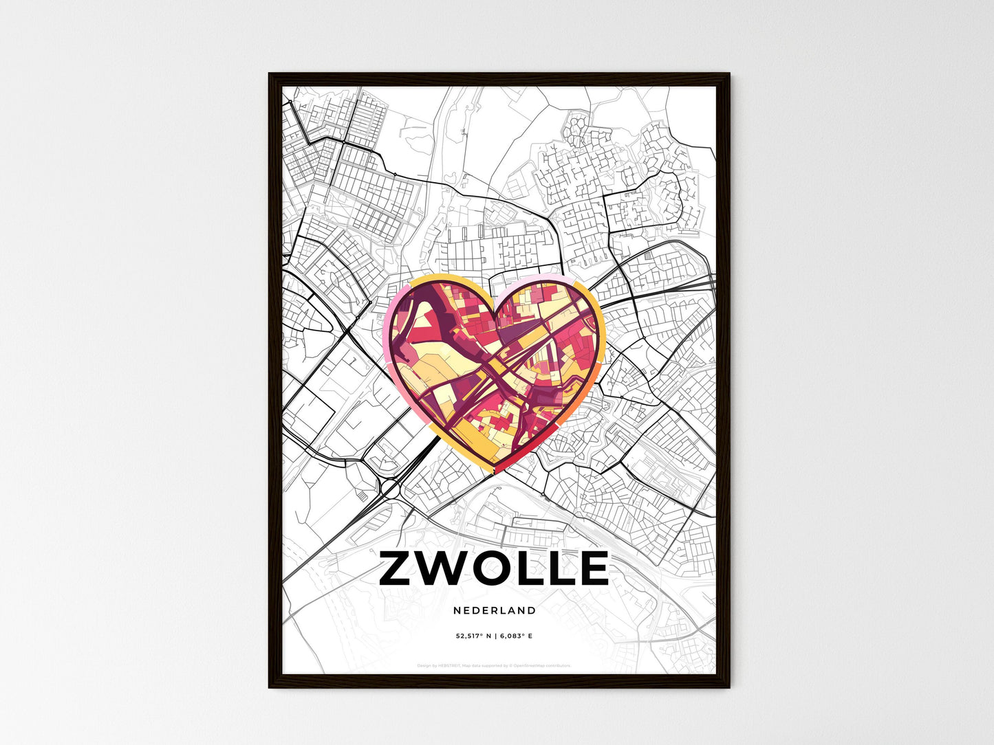 ZWOLLE NETHERLANDS minimal art map with a colorful icon. Where it all began, Couple map gift. Style 2