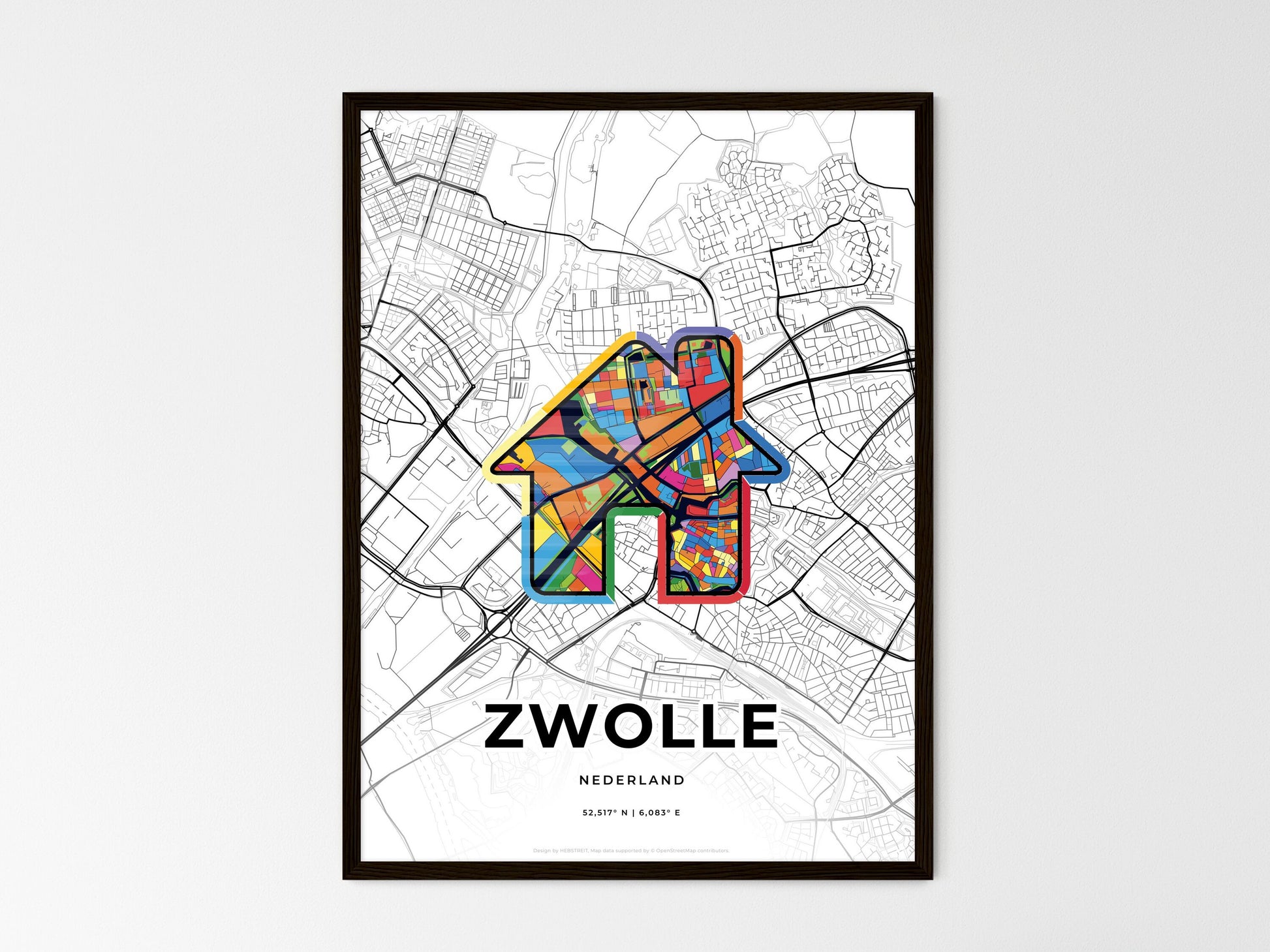 ZWOLLE NETHERLANDS minimal art map with a colorful icon. Where it all began, Couple map gift. Style 3