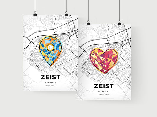 ZEIST NETHERLANDS minimal art map with a colorful icon. Where it all began, Couple map gift.