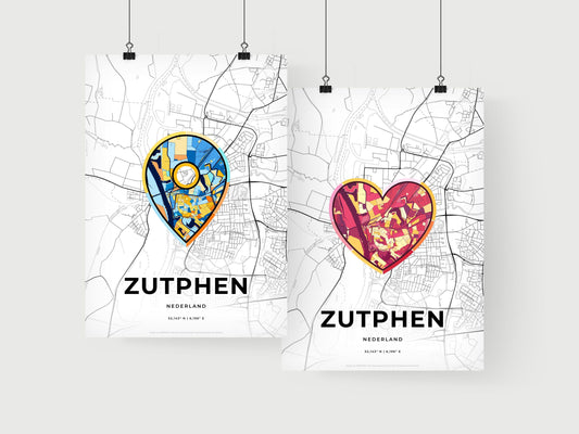 ZUTPHEN NETHERLANDS minimal art map with a colorful icon. Where it all began, Couple map gift.