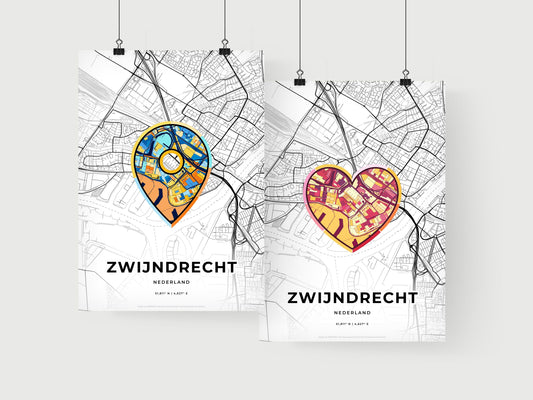 ZWIJNDRECHT NETHERLANDS minimal art map with a colorful icon. Where it all began, Couple map gift.