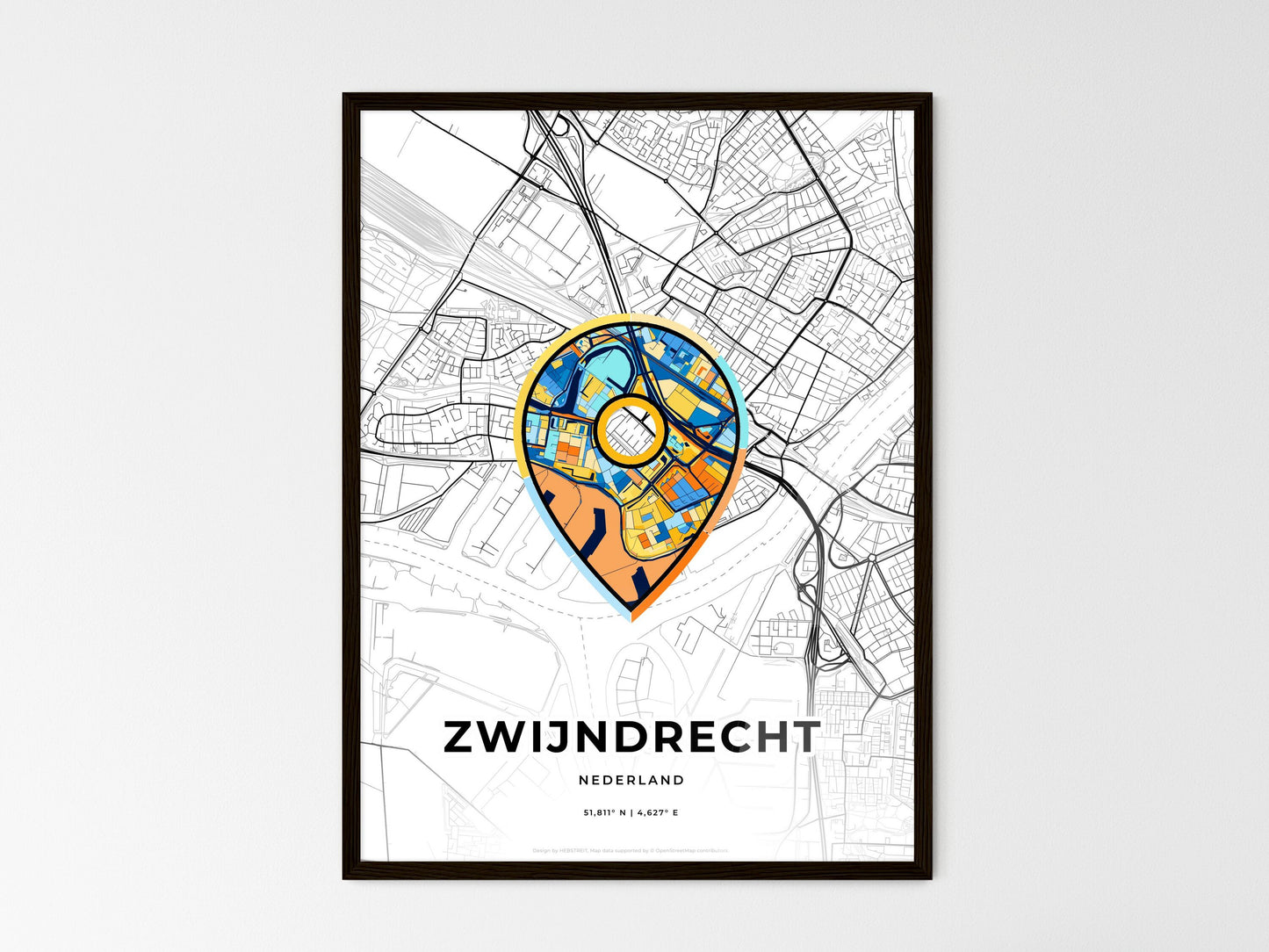 ZWIJNDRECHT NETHERLANDS minimal art map with a colorful icon. Where it all began, Couple map gift. Style 1