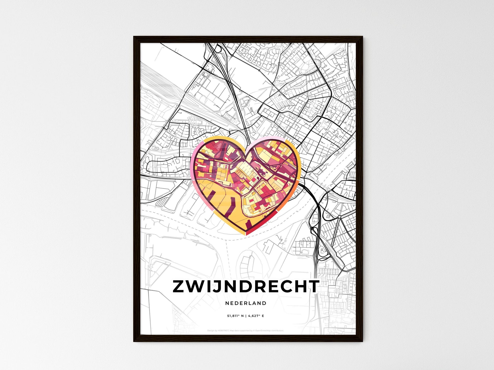 ZWIJNDRECHT NETHERLANDS minimal art map with a colorful icon. Where it all began, Couple map gift. Style 2