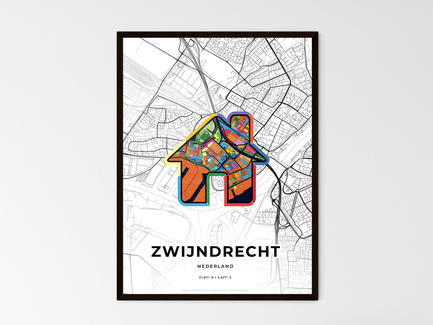 ZWIJNDRECHT NETHERLANDS minimal art map with a colorful icon. Where it all began, Couple map gift. Style 3