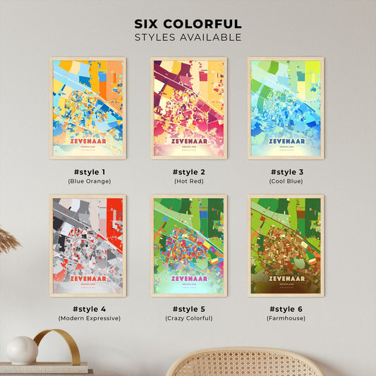 Colorful ZEVENAAR NETHERLANDS Fine Art Map Blue Orange