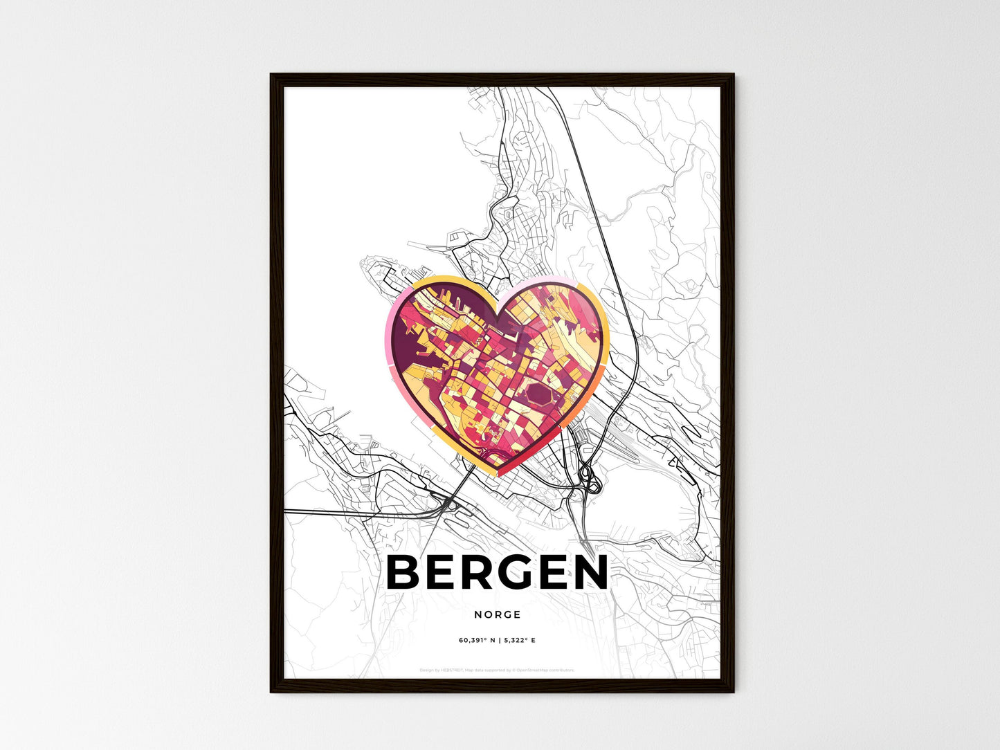 Bergen Norway wedding art map with heart icon