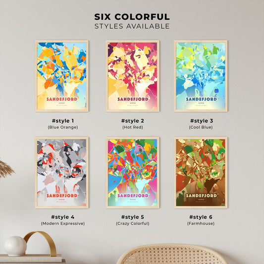 Colorful SANDEFJORD NORWAY Fine Art Map Blue Orange