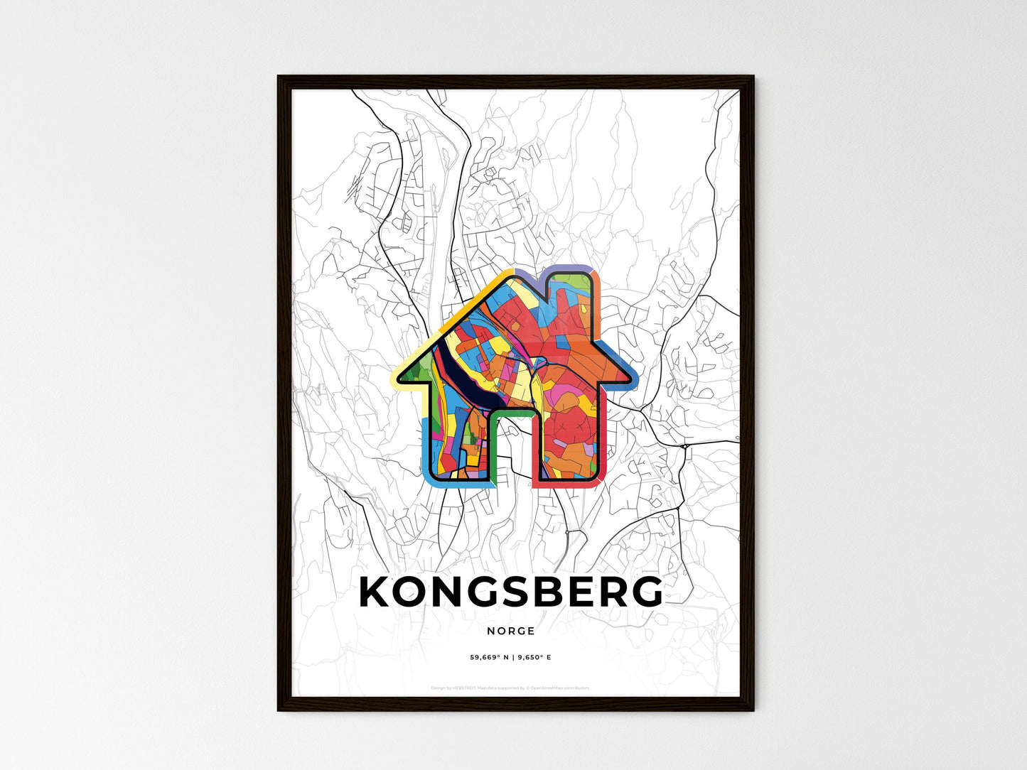 Kongsberg Norway wedding art map with home icon