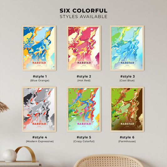 Colorful HARSTAD NORWAY Fine Art Map Blue Orange