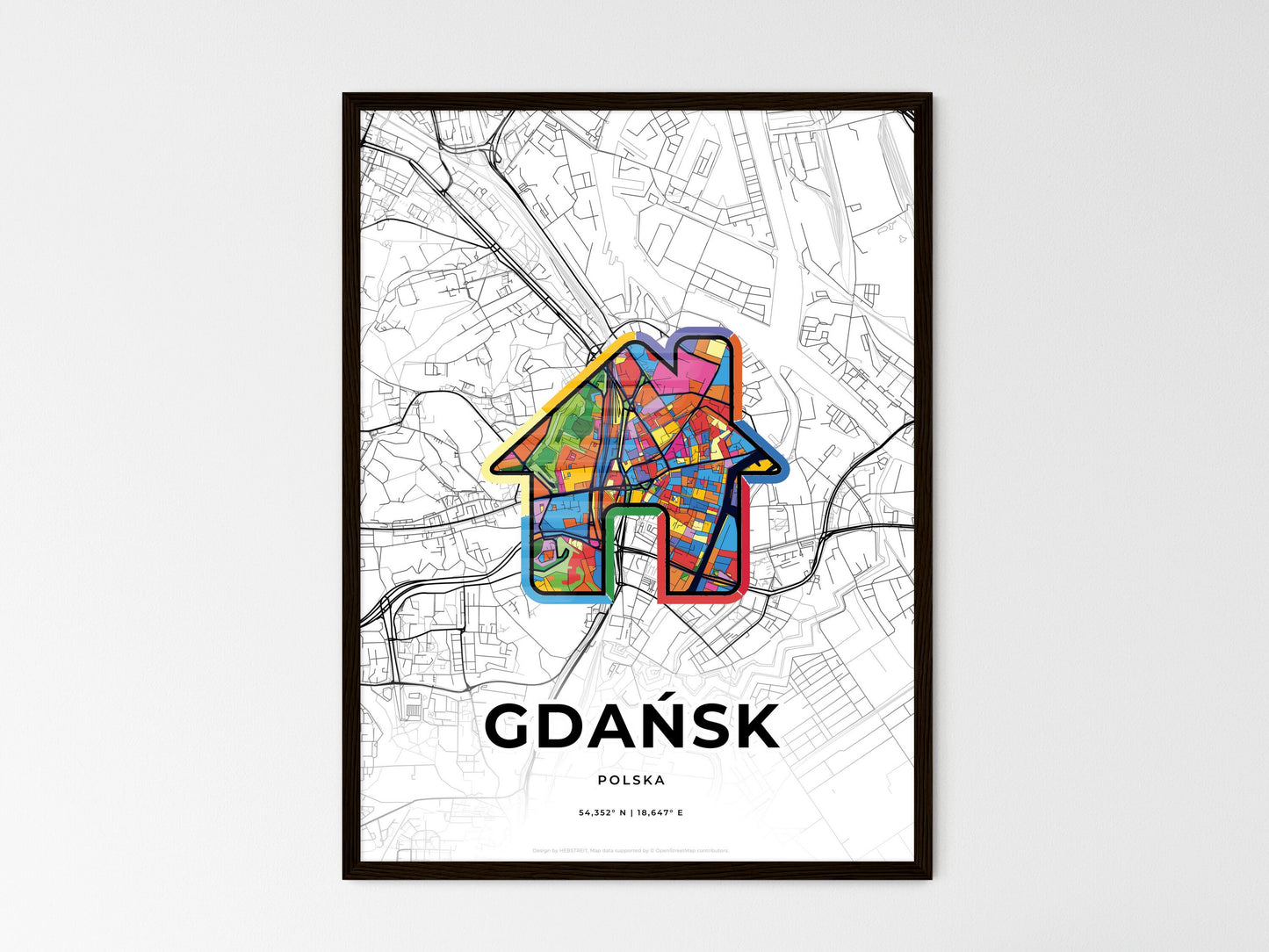 Gdańsk Poland wedding art map with home icon