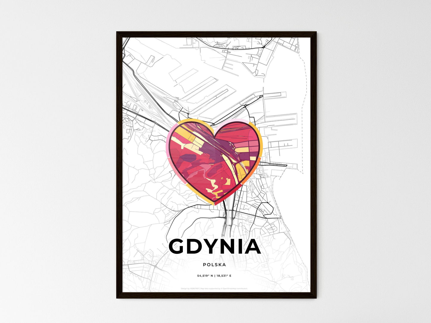 Gdynia Poland wedding art map with heart icon