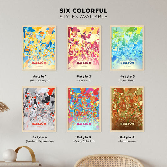 Colorful RZESZÓW POLAND Fine Art Map Blue Orange