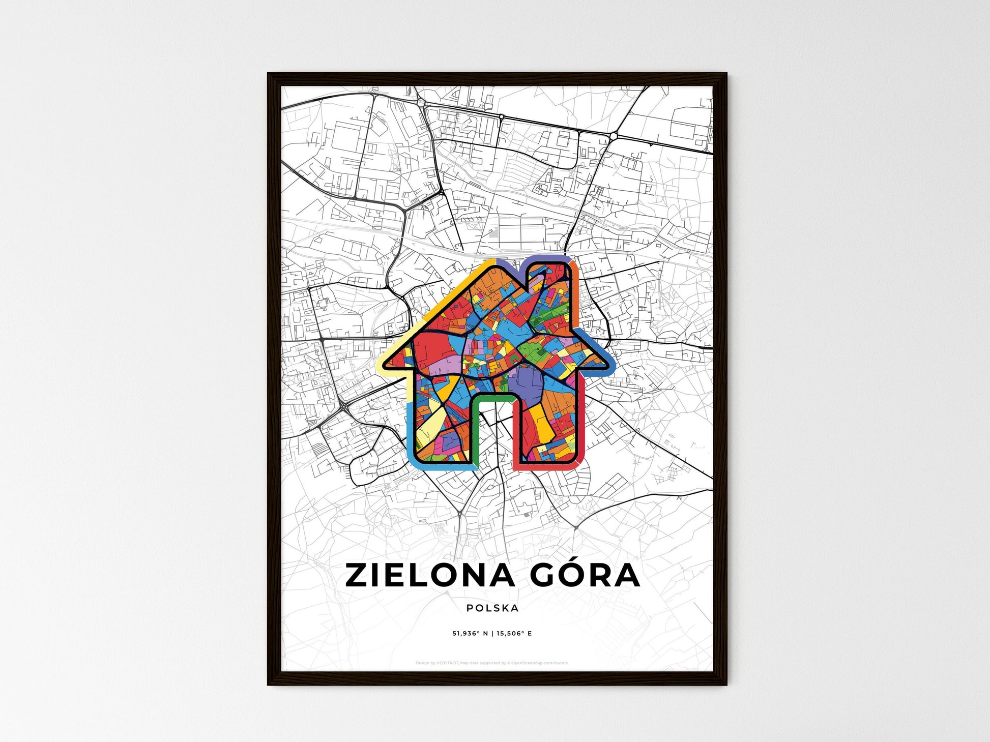 ZIELONA GÓRA POLAND minimal art map with a colorful icon. Where it all began, Couple map gift. Style 3