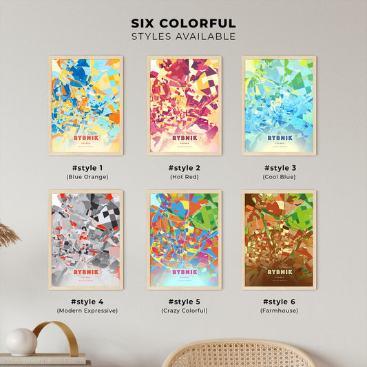 Colorful RYBNIK POLAND Fine Art Map Blue Orange