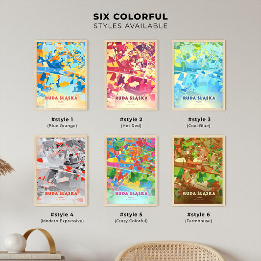 Colorful RUDA ŚLĄSKA POLAND Fine Art Map Blue Orange