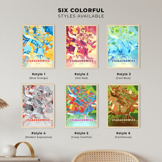 Colorful STARACHOWICE POLAND Fine Art Map Blue Orange