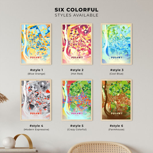 Colorful PUŁAWY POLAND Fine Art Map Blue Orange