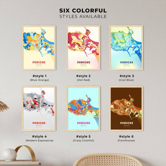 Colorful PENICHE PORTUGAL Fine Art Map Blue Orange