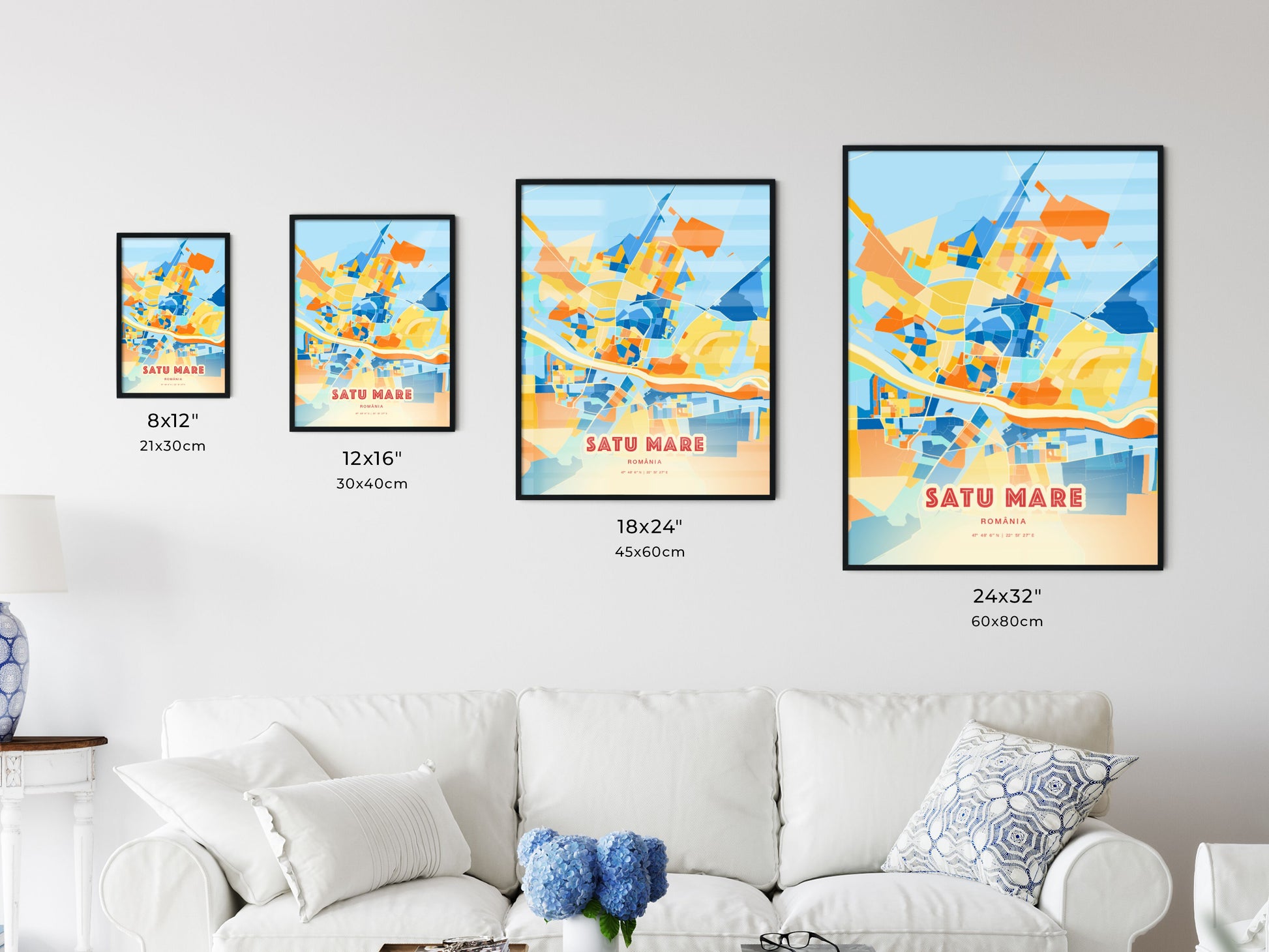 Colorful SATU MARE ROMANIA Fine Art Map Blue Orange