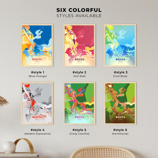 Colorful REȘIȚA ROMANIA Fine Art Map Blue Orange