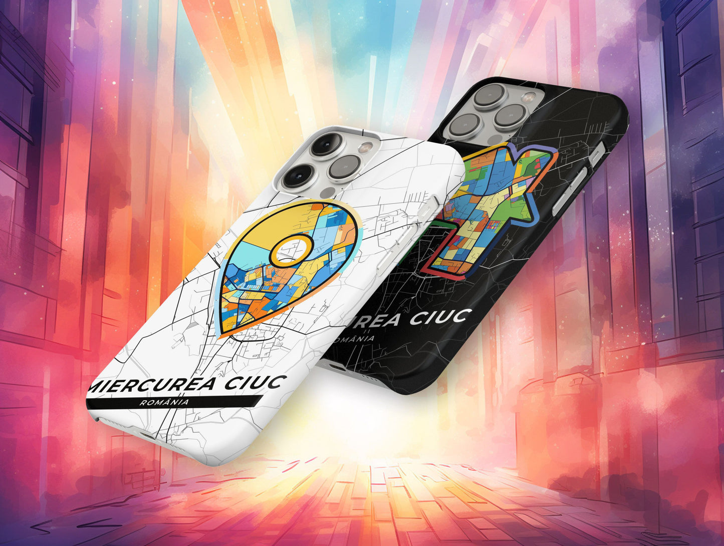 Miercurea Ciuc Romania slim phone case with colorful icon. Birthday, wedding or housewarming gift. Couple match cases.