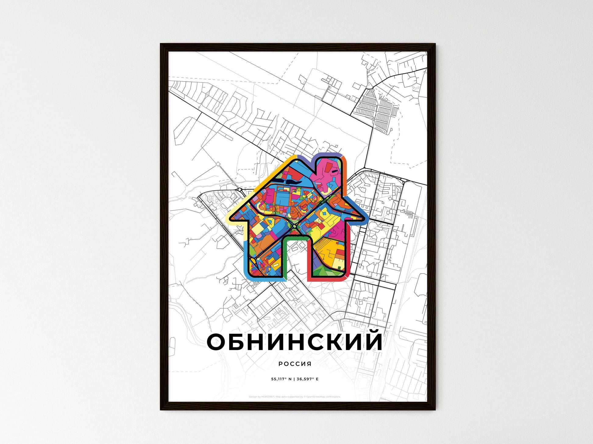 OBNINSK RUSSIA minimal art map with a colorful icon. Where it all began, Couple map gift. Style 3