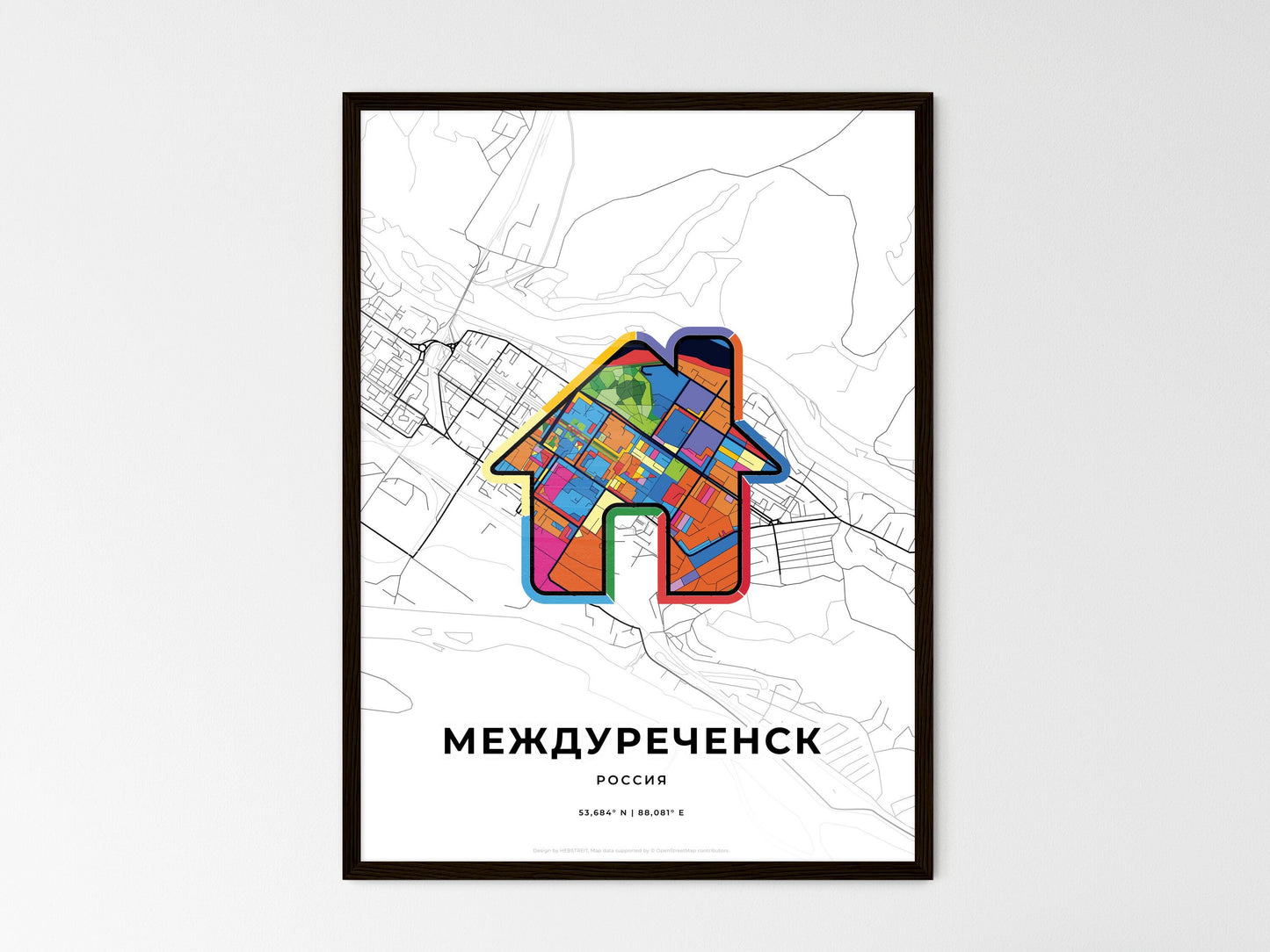 Mezhdurechensk Russia wedding art map with home icon