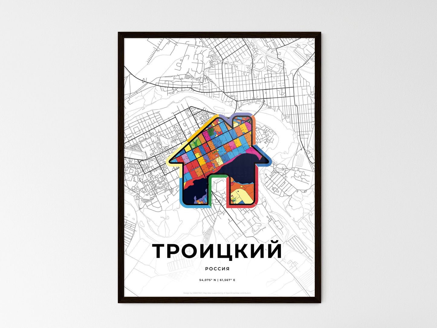 Troitsk Russia wedding art map with home icon