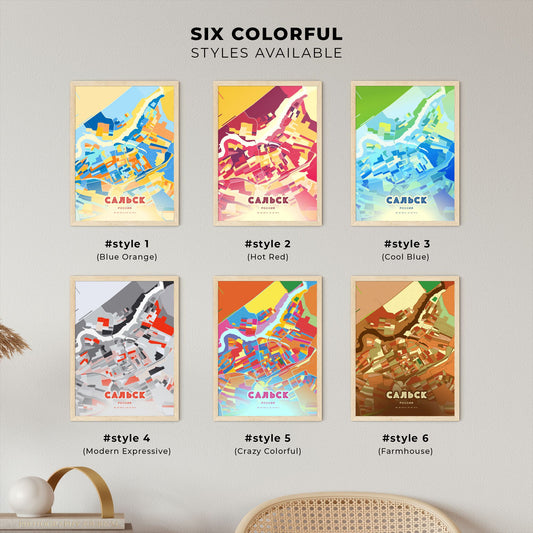 Colorful SALSK RUSSIA Fine Art Map Blue Orange