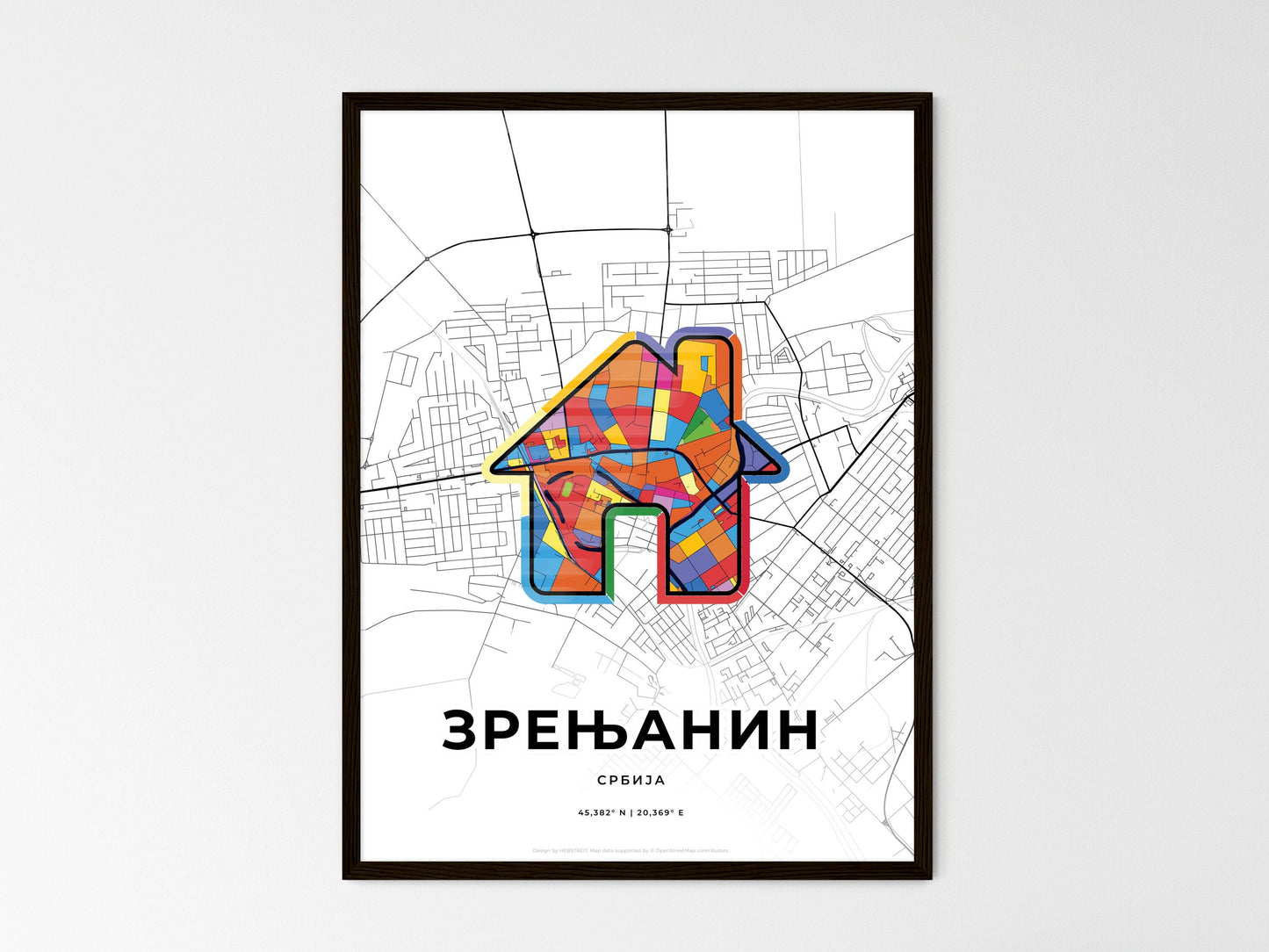 ZRENJANIN SERBIA minimal art map with a colorful icon. Where it all began, Couple map gift. Style 3