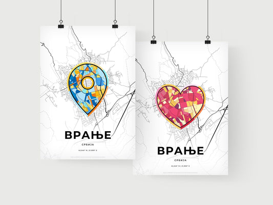 VRANJE SERBIA minimal art map with a colorful icon. Where it all began, Couple map gift.