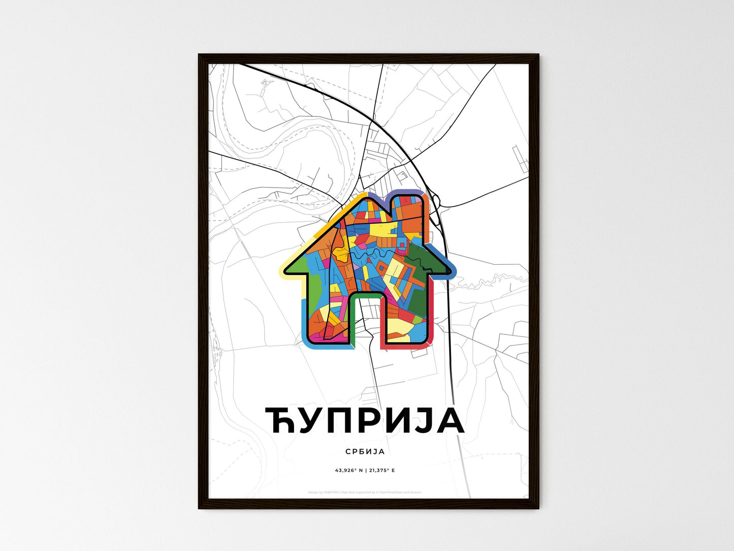 Ćuprija Serbia wedding art map with home icon