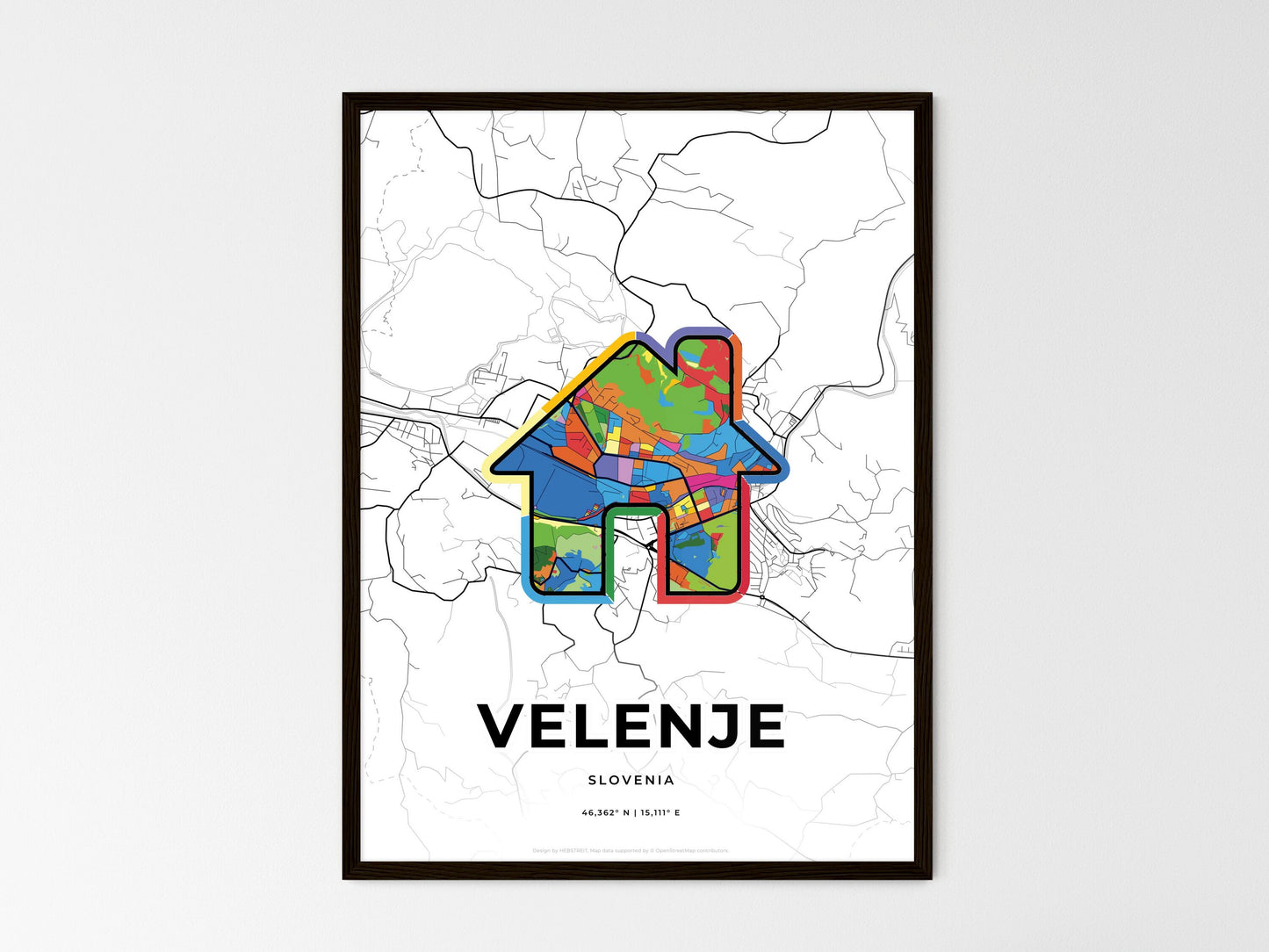 Velenje Slovenia wedding art map with home icon