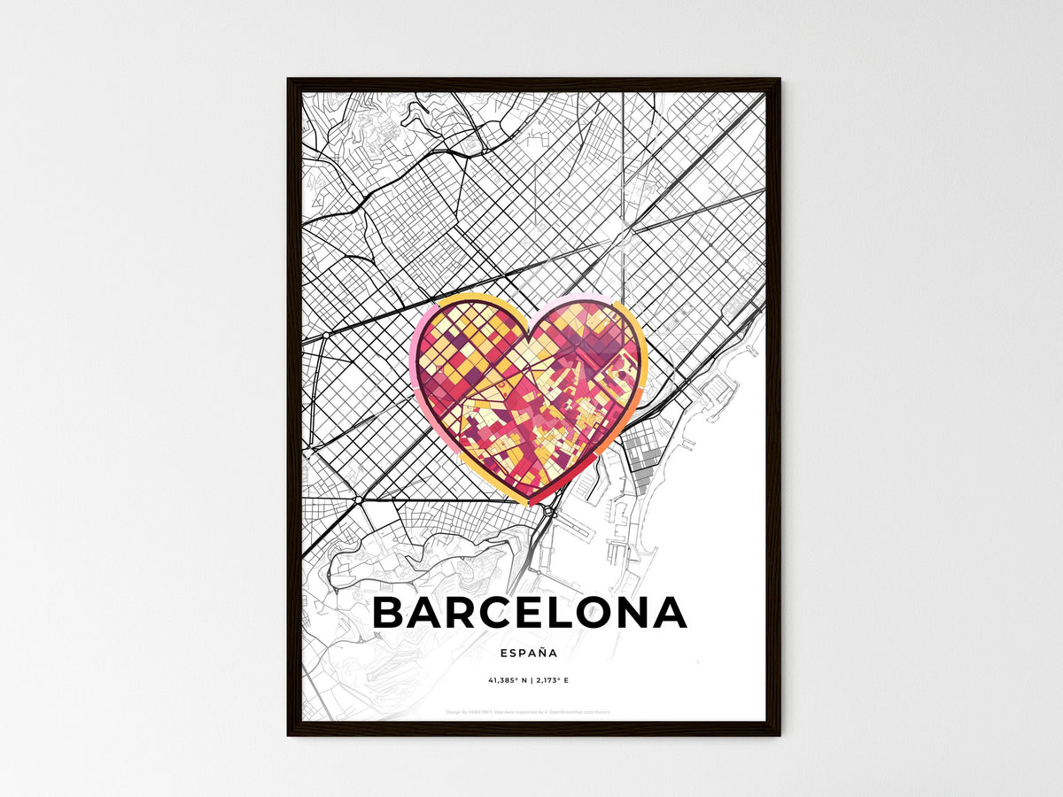 Barcelona Spain wedding art map with heart icon